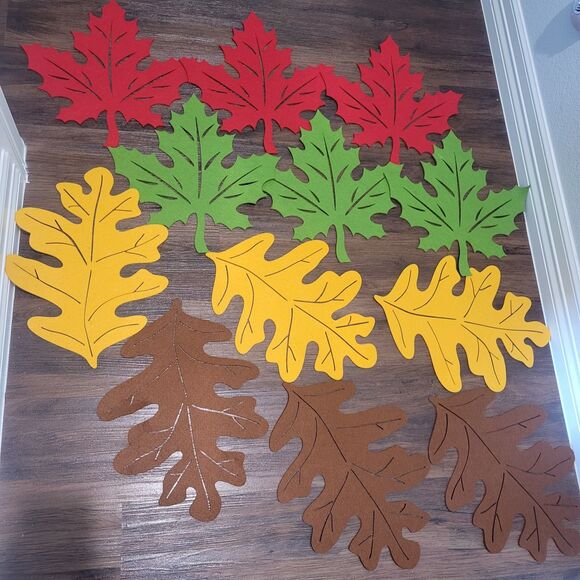 Set of 12 Fall Thanksgiving Red Green Brown Gold Placemats Felt Leaf Cut Outs - Picture 2 of 2